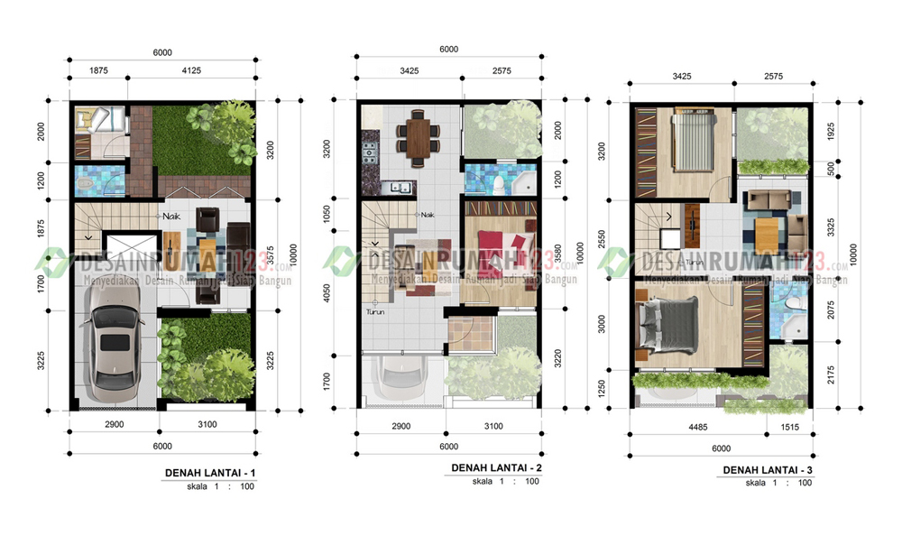 Desain Rumah  6 x 10 M2 Tiga Lantai